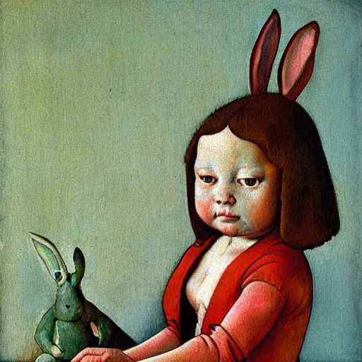 Image similar to little girl, bunny suit, artwork in hieronymus bosch art style, inspired in balthus, clean details, baby color palette, candy, anatomically proportional, hd