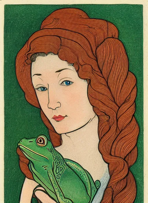 Prompt: portrait of a woman holding a frog ; pretty face ; ivan bilibin style ; 8 k