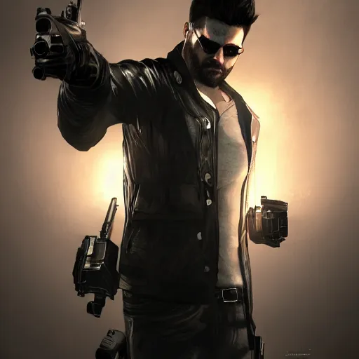 Image similar to bald Max Payne as Adam Jensen in Deus Ex, by Cedric Peyravernay, highly detailed, excellent composition, cinematic concept art, dramatic lighting, trending on ArtStation