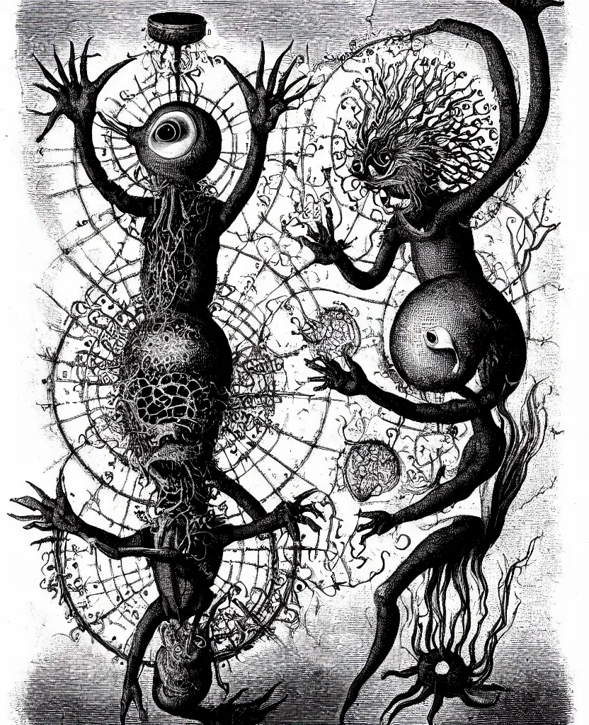 Image similar to whimsical freaky creature sings a unique canto about'as above so below'being ignited by the spirit of haeckel and robert fludd, breakthrough is iminent, glory be to the magic within