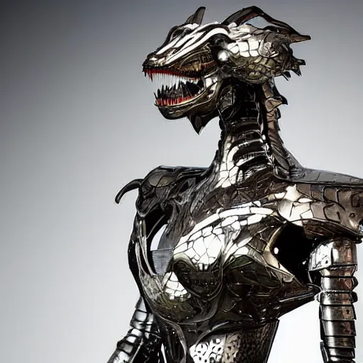 Image similar to chest up bust shot, realistic detailed stunning beautiful armored anthropomorphic humanoid robot female dragon, looking to the side with an elegant pose of hand on hip, smooth and streamlined armor and design made of steel, sharp claws and sharp teeth, high quality head, Slick LEDs, standing on two legs, on the beach during sunset, high quality, cinematic art, sci fi, sunset lighting, 3D render, 8k, artstation, deviantart, furaffinity