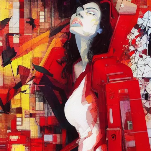 Image similar to portrait of a daydreaming melancholic latina woman in red habit being progressively rasterized into virtual pixels, she is surrounded by digital birds and a giant loving neon mecha robot is beside her, oil on canvas by yoji shinkawa, esao andrews, dave mckean and stina persson