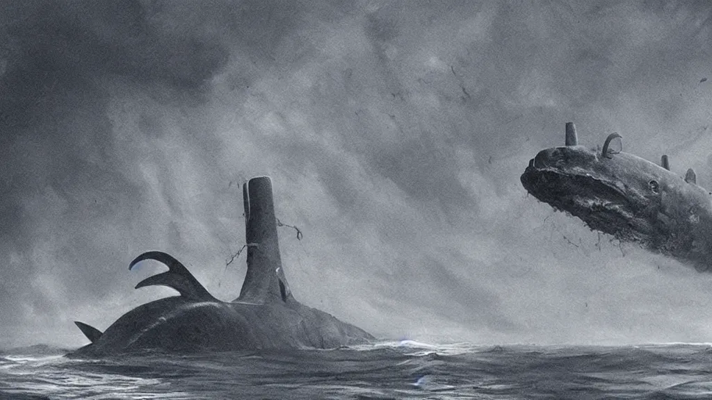 Prompt: a huge monster of the deep emerges out of the darkness of the deep ocean waters to attack a small submarine, muted colors, horror, eerie lighting, god rays