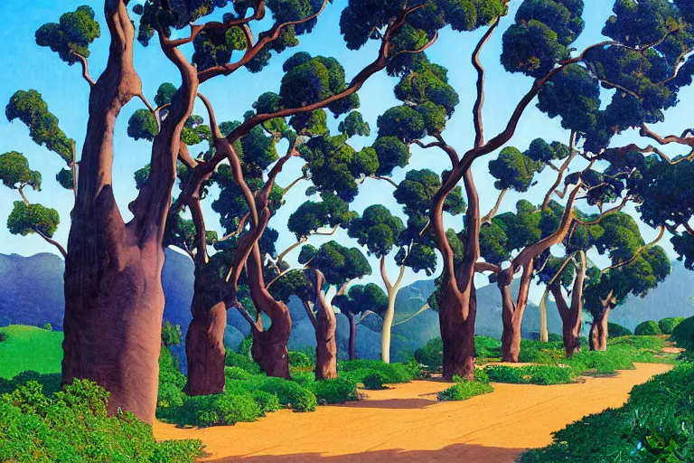 Prompt: masterpiece painting of california eucalyptus trees along the road in the afternoon, by a. j. casson and john watkiss and erin hanson and dan munford and maxfield parrish and j. c. leyendecker, dramatic lighting