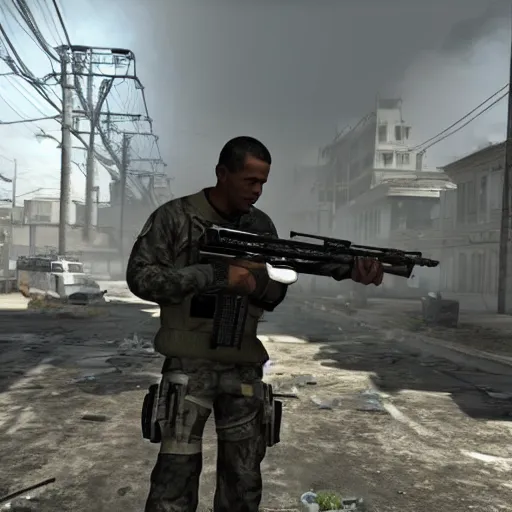 Image similar to screenshot of president obama in call of duty modern warfare 2 whit a sniper rifle crouched, good graphic, highly detailed, rtx engine, nvidia geforce