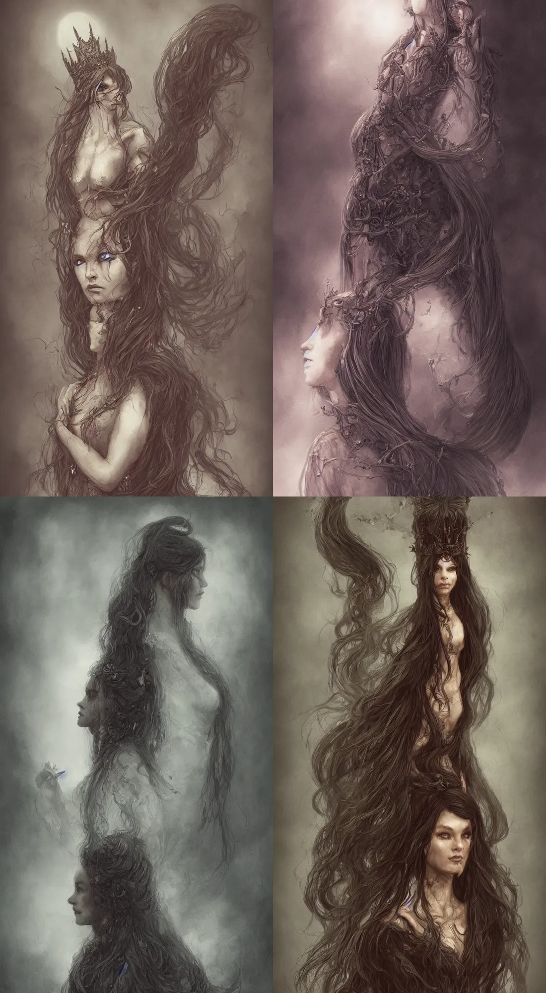 Prompt: full view of a queen with long hairs in alan lee and marc simonetti and emil melmoth style , cinematic lighting