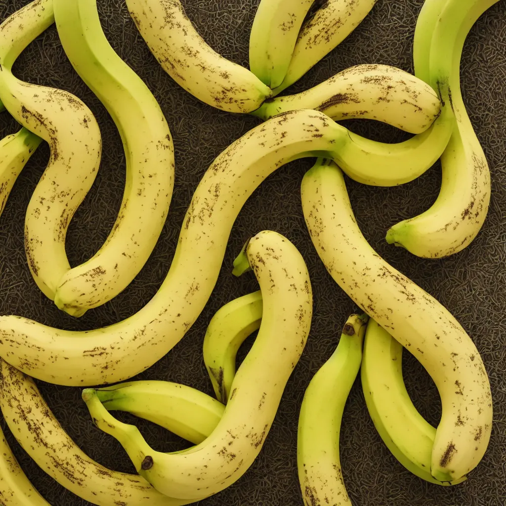 Image similar to circular fractal bananas that grow like coral, inside art nouveau with petal shape, big banana peals, and banana stems, mesh roots. closeup, hyper real, food photography, high quality