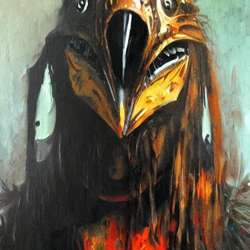 Prompt: detailed oil painting dark shaman wearing Raven mask by Phil hale