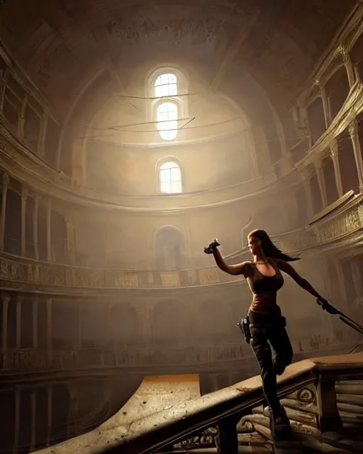 Prompt: lara croft exploring an italian opera house as she hides from numerous musclebound male goons patrolling the area, by wlop, greg rutkowski and peter mohrbacher, extremely detailed shading, concept art, digital painting, trending on artstation, unreal engine 5, octane render, atmosphere, lens flare, glow, cinematic lighting, full of color