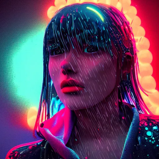 Image similar to splashes of neon, portrait made out of rain, trending on artstation, epic composition, emotional, beautiful, rendered in octane, unreal engine, highly detailed, realistic, galaxy background