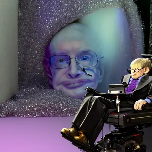 Image similar to Stephen Hawking with silver-violet hair, white eyes and golden glittery dress, wide lens, diorama, 4k,