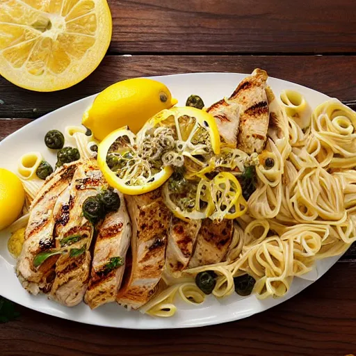 Image similar to an award winning photograph of dish made out of grilled chicken, pasta with creamy sauce, capers, lemons, product presentation, HD