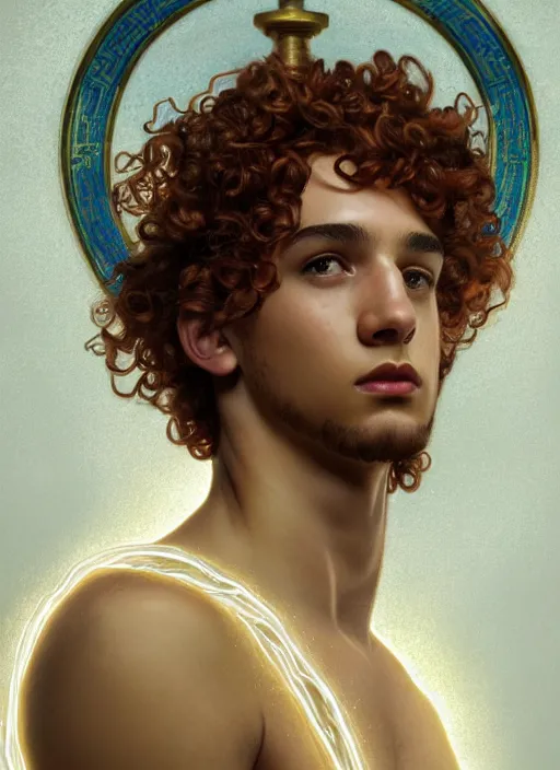 Image similar to portrait of teenage zeus, greek, short curly copper hair, smirking arrogantly, wearing a white sash, olive tree, intricate, elegant, lightning bolt, glowing lights, chiaroscuro, highly detailed, digital painting, artstation, concept art, smooth, sharp focus, illustration, art by wlop, mucha, artgerm, and greg rutkowski