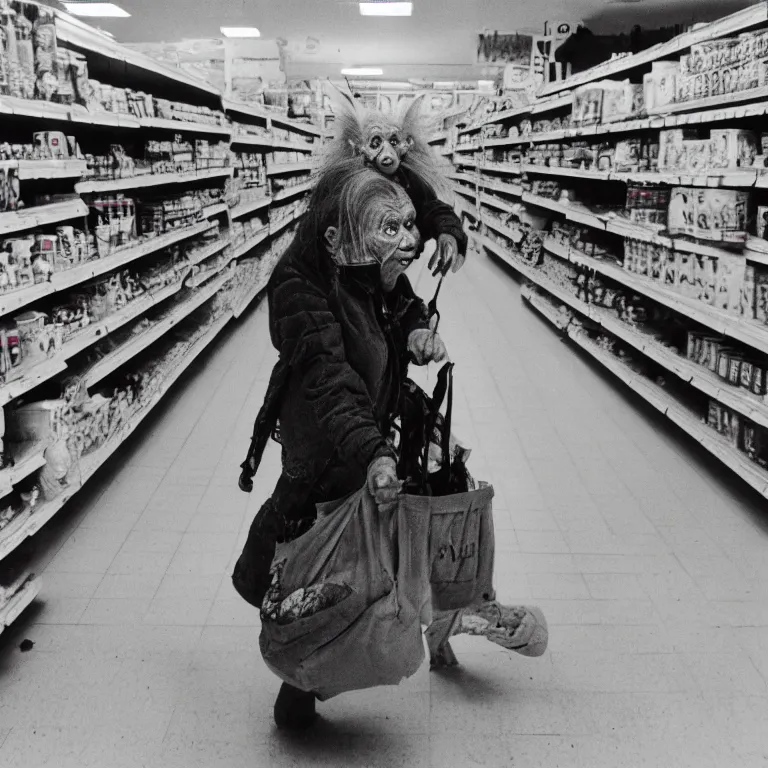 Image similar to elderly goblin women in abandoned grocery store aisle rushes towards you after you tell her no worries, 50mm film, flash photography