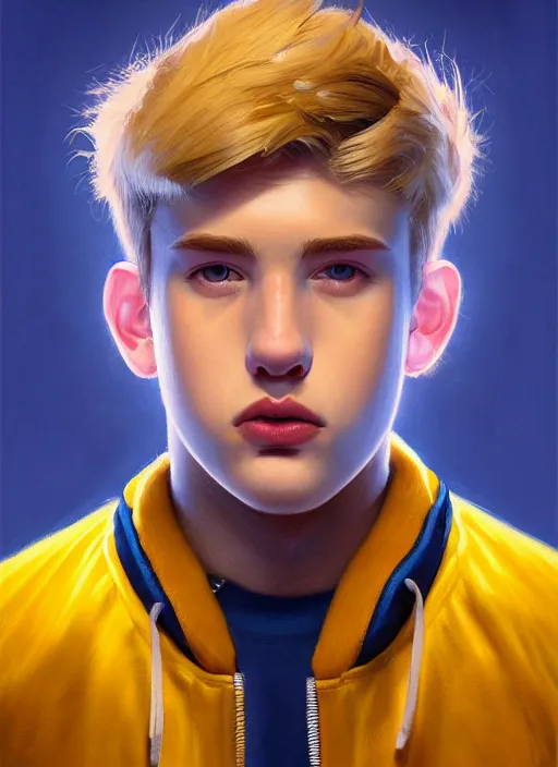 Image similar to portrait of high school senior boy named big moose, blonde short hair, jock, beefy, wide face, square jaw, square facial structure, blue varsity jacket with letter r, intricate, elegant, glowing lights, highly detailed, digital painting, artstation, concept art, sharp focus, illustration, art by wlop, mars ravelo and greg rutkowski