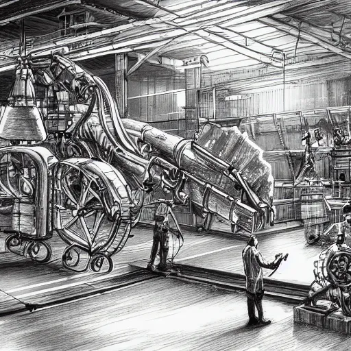 Prompt: detailed pencil sketchs of workers working on a gigantic steampunk machine that creates robot elephants, art station