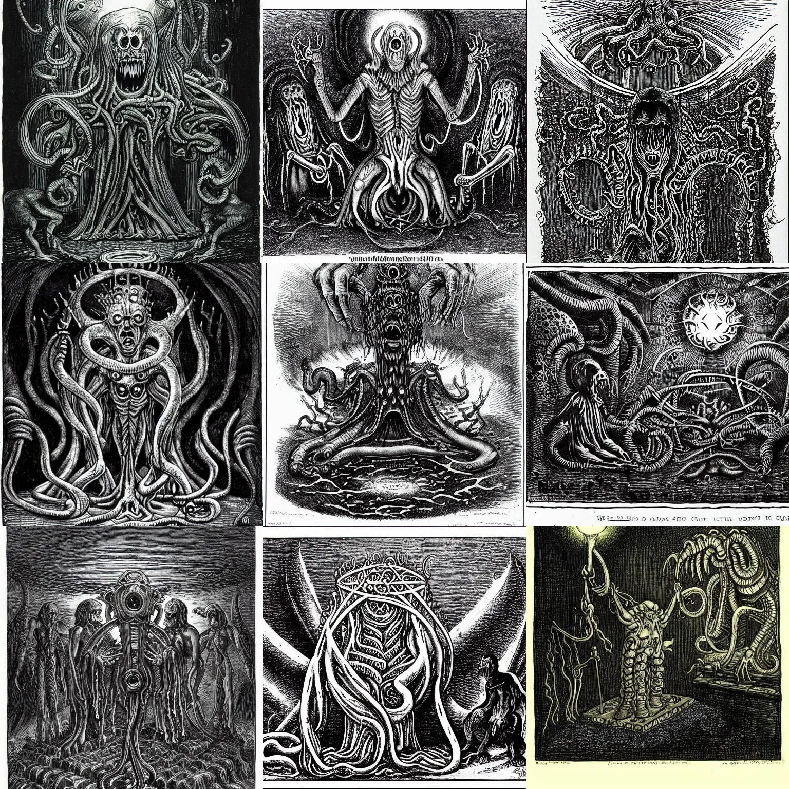 Prompt: elder god being summoned, by dore, giger, hp lovecraft