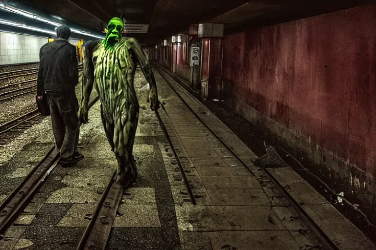 Image similar to very large giant mutant zombie irradiated an infected with cancer ( angry rat ) staying on railways in tonnel of moscow subway. extreme high detail, very realistic. low dark light, scary mood.