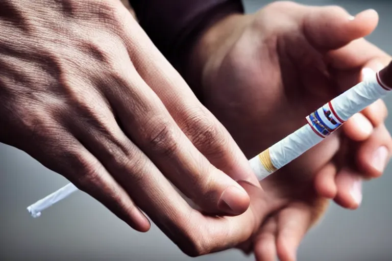 Image similar to Close-up of cigarette in five fingers, thin soft hand holding cigarette, hyper realistic, photographic style