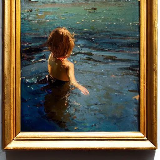 Image similar to Young Sissy Spacek swimming by Jeremy Mann, stylized, detailed, realistic, one inch thick, heavy impasto,loose brush strokes, simple, wholesome, earthy tones, touch of gold leaf