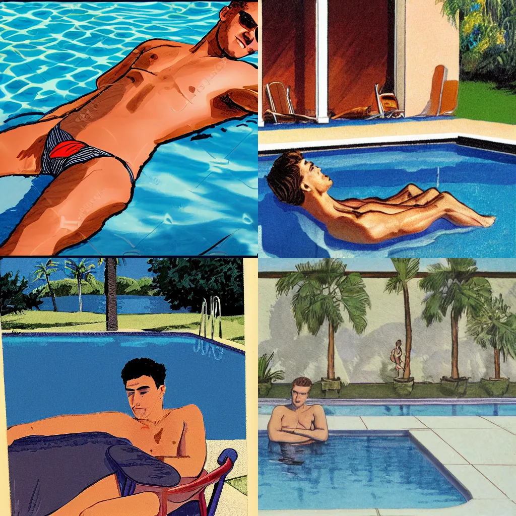 Prompt: A young man relaxing by the pool. Illustration. Harold McCauley, Peter Driben.