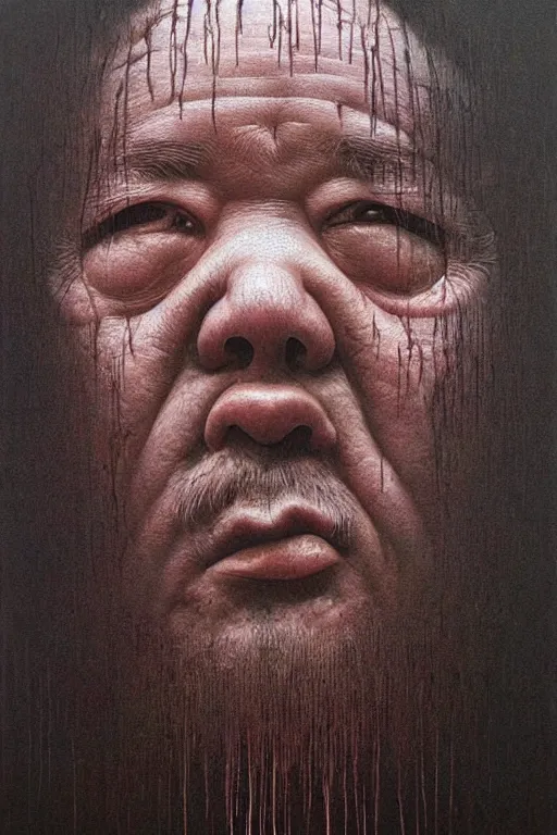 Image similar to ascii art, hyperrealism oil painting, portrait scary ai weiwei style zdzislaw beksinski