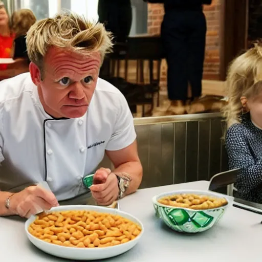 Image similar to Gordon Ramsey eating beans while children make fun of him