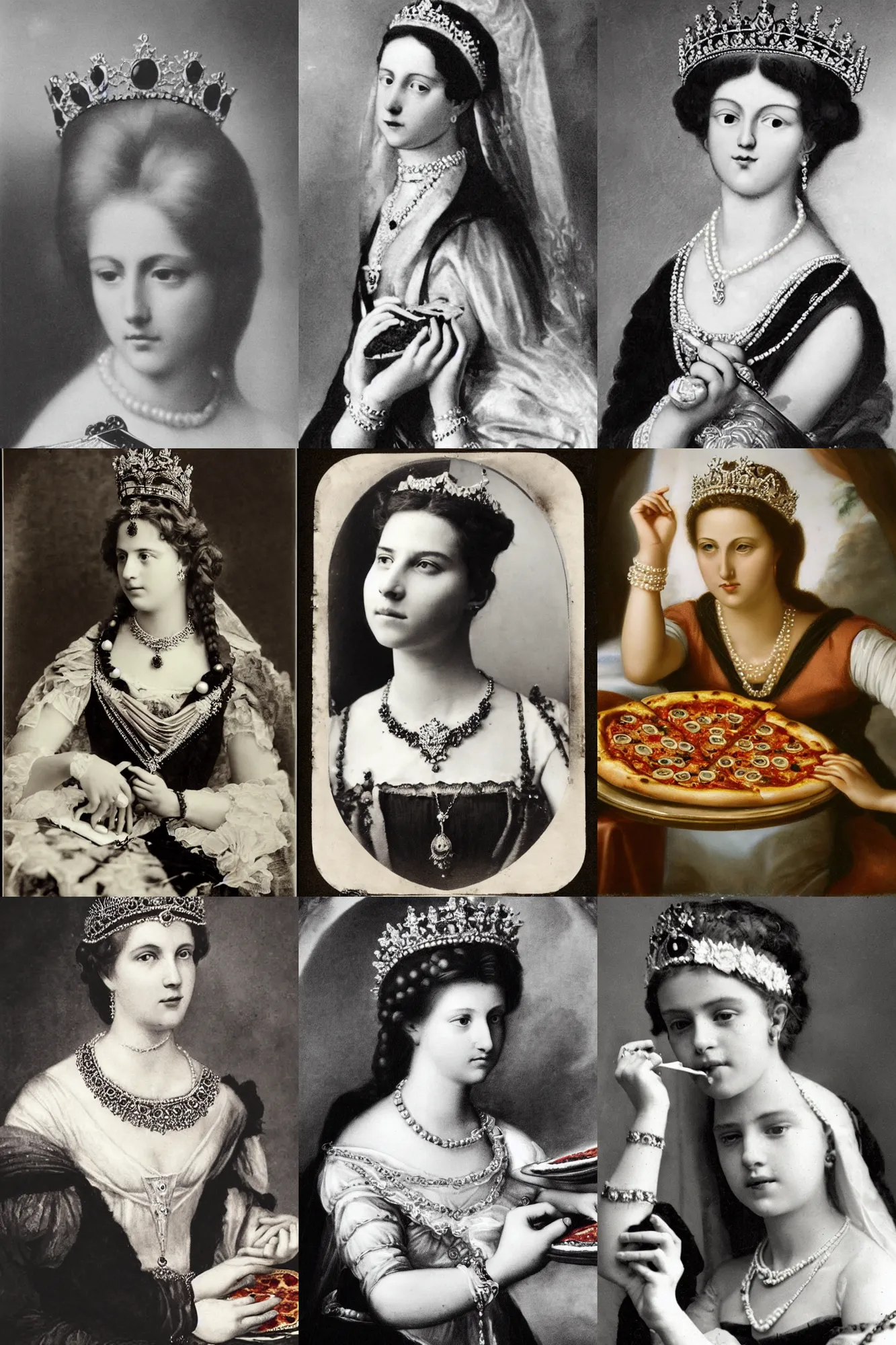 Prompt: a historical photo of young beautiful queen margherita of italy, eating a pizza margherita with her hands, intricate detailed tiara, pearl necklace, hand colored black and white photo, smooth lighting, masterpiece, perfect symmetry