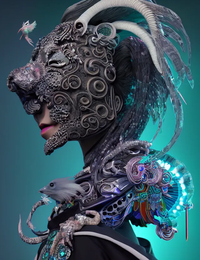 Image similar to 3 d goddess close - up profile portrait cyberpunk with ram skull. beautiful intricately detailed japanese crow kitsune mask and clasical japanese kimono. betta fish, jellyfish phoenix, bio luminescent, plasma, ice, water, wind, creature, artwork by tooth wu and wlop and beeple and greg rutkowski