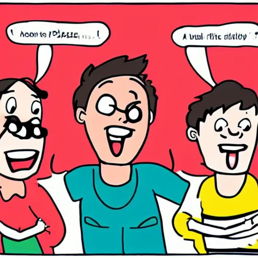 Prompt: a cartoon image of three people in a laughing contest, trying to laugh harder than the others