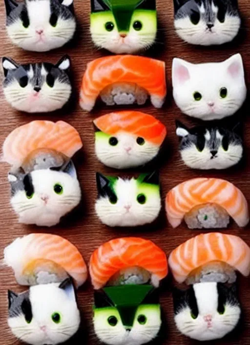 Image similar to clear photorealistic picture of adorable cats made out of sushi