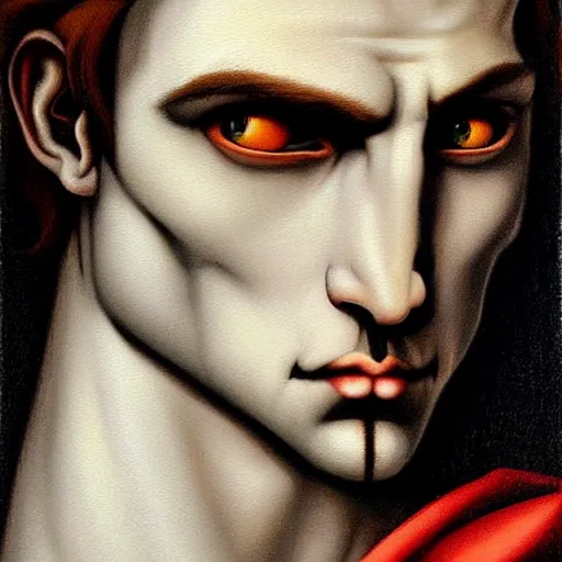 Image similar to attractive twenty first century male vampire beautiful eyes. highly detailed painting by michelangelo 8 k