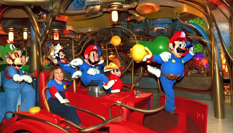 Image similar to 1990s photo of inside the Super Mario ride at Universal Studios in Orlando, Florida, riding Super Mario through Bowser's Castle , cinematic, UHD