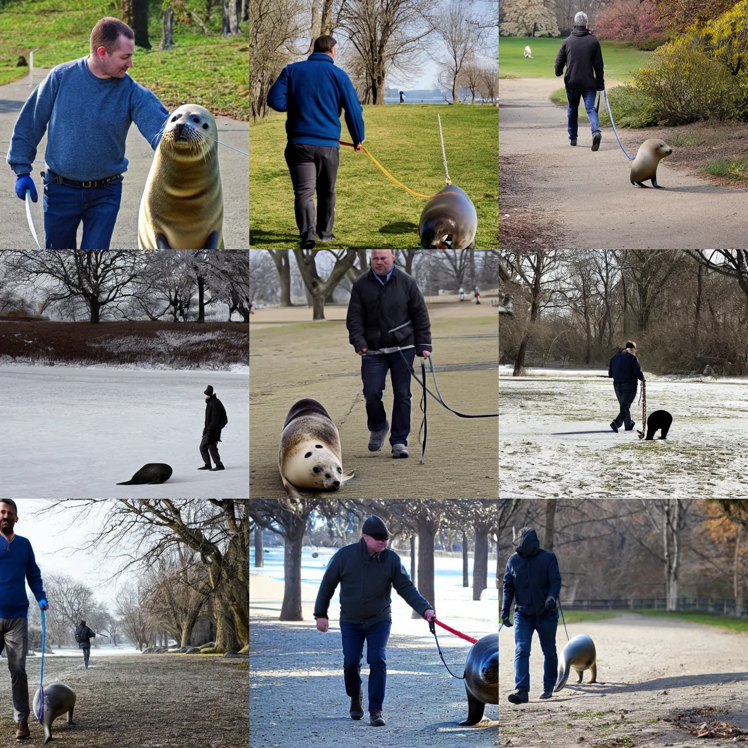 Prompt: man walking seal on leash in the park, photo