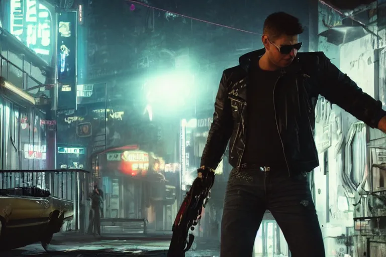 Image similar to a detailed full bodied 3 d render of an extremely handsome jensen ackles as the terminator walking down a dark alley in cyberpunk 2 0 7 7 and holding a glowing electrified katana, facing the camera, explosion in the background, volumetric lighting, octane render, 8 k, art by greg rutkowski and albert bierstadt and alphones mucha