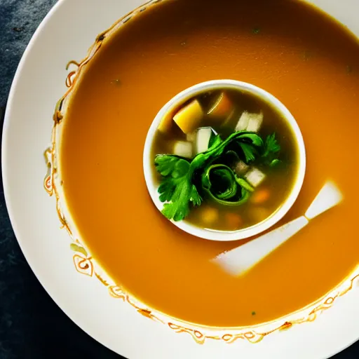 Image similar to a soup with teeth floating inside, food photography