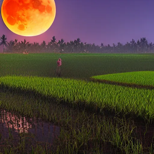 Image similar to A large blood moon rising over a rice paddy in Bali, concept art, matte painting, trending artstation, octane render, plague, apocalyptic 8k