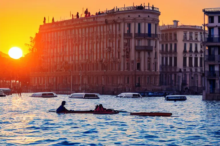 Image similar to views of people on boats on a catastrophic barcelona, buildings covered with high water, floating cars, sunset lighting, photo real