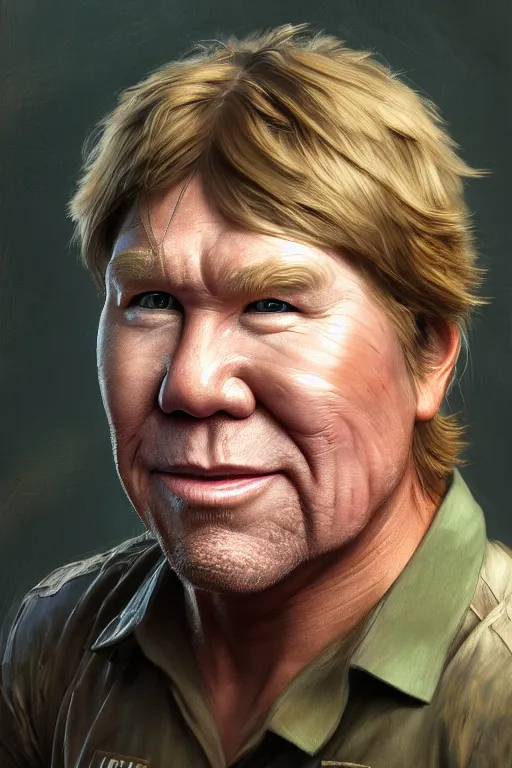 Prompt: ultra detailed close up facial portrait of steve irwin the crocodile hunter, extremely detailed digital painting, in the style of fenghua zhong and ruan jia and jeremy lipking and peter mohrbacher, mystical colors, rim light, beautiful lighting, 8 k, stunning scene, raytracing, octane, trending on artstation