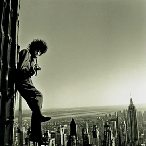 Prompt: bob dylan climbing the empire state building like king kong