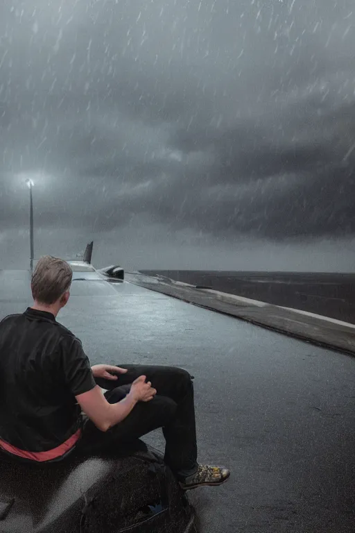 Prompt: Photo of a man sitting on the car roof in the heavy rain at the city that sank, hyper realistic, outdoor lighting, dynamic lighting, volumetric, wide angle, anamorphic lens, go pro, 4k