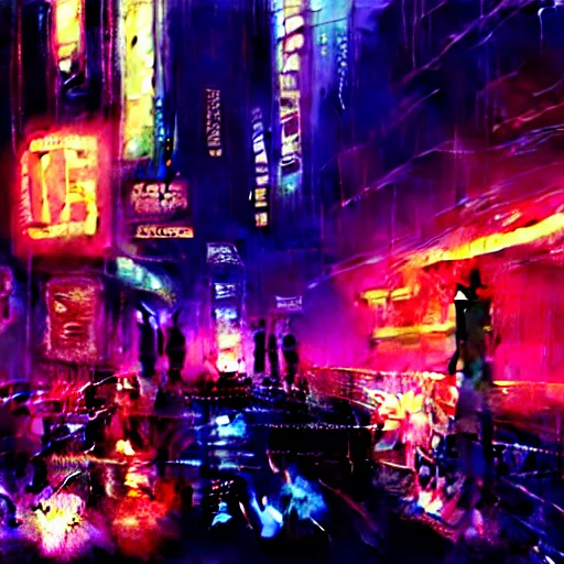 Image similar to photo of a rundown seedy futuristic city scene at night with bright neon lights, raining, bladerunner, sci fi splash art by craig mullins, greg rutkowski