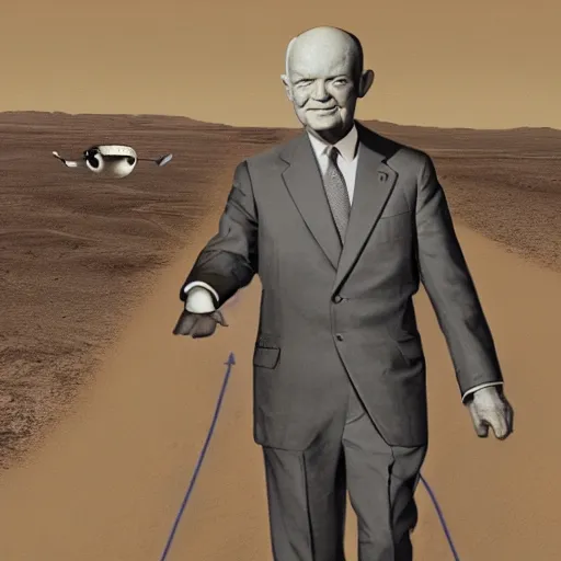 Image similar to president eisenhower going to ufo in the desert, concept art