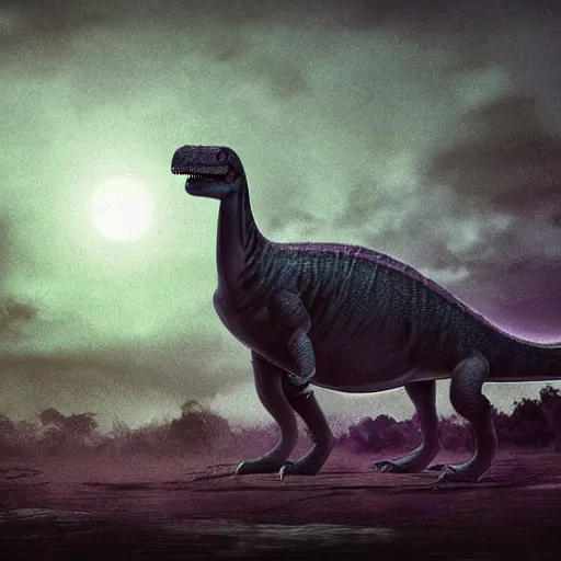 Image similar to Digital art of a somber dinosaur standing in the distance in the style of Dark Naturalism, Jungle Grunge, twilight, glows, detailed,