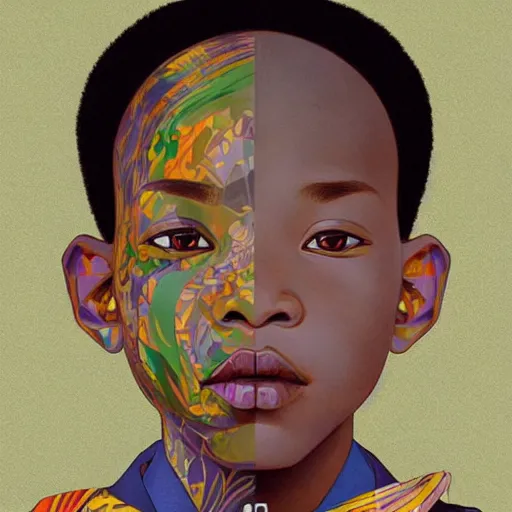 Prompt: colourful upper half portrait of an african boy - in japan graphic design illustration style, art by hsiao - ron cheng & alphonse mucha, highly detailed, digital painting, illustration, smooth, sharp focus, intricate, symmetry, pinterest, behance,