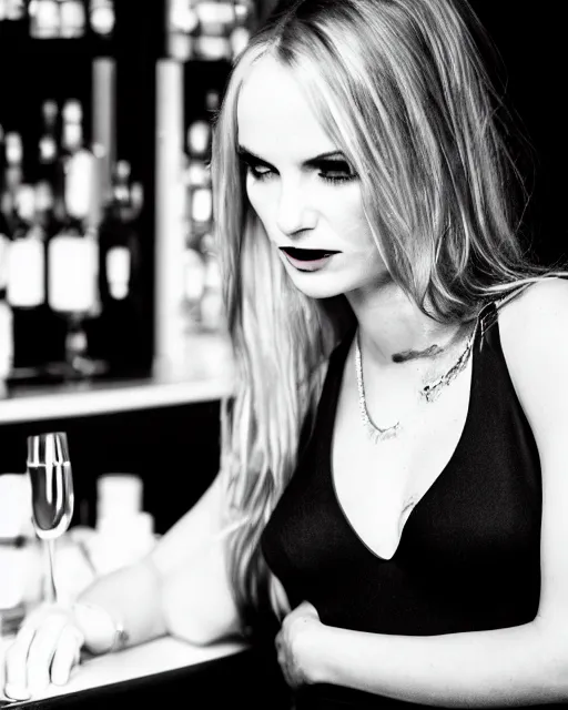 Image similar to femme fatale in a black revealing dress, at a quiet english bar, dramatic lighting, photography, Canon 5D, 50mm f/1.4, high quality, award winning