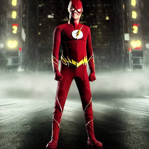Prompt: realistic photo of Morgan Freeman as superhero The Flash, heroic pose in the style of Peter Lindbergh, white fog, key lighting, octane render