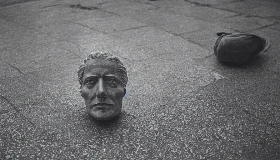 Prompt: 1 9 7 0 s movie still of the head of robespierre on the pavement, cinestill 8 0 0 t 3 5 mm, high quality, heavy grain, high detail, cinematic composition, dramatic light, anamorphic, ultra wide lens, hyperrealistic