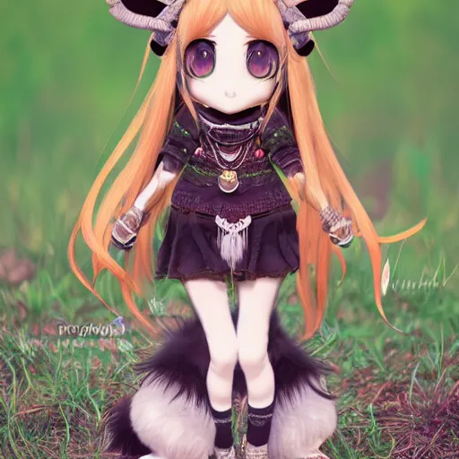 Image similar to cute fumo plush of a goat girl with horns, anime girl, tribal outfit with intricate celtic knot patterns, gothic maiden, artstation, vray