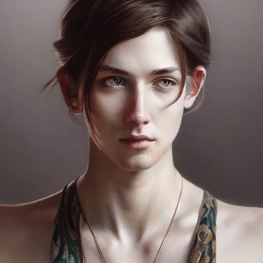 Image similar to ultra realistic illustration, a painting of genderbent tim henson from polyphia, intricate, elegant, highly detailed, digital painting, artstation, concept art, smooth, sharp focus, illustration, art by artgerm and greg rutkowski and alphonse mucha